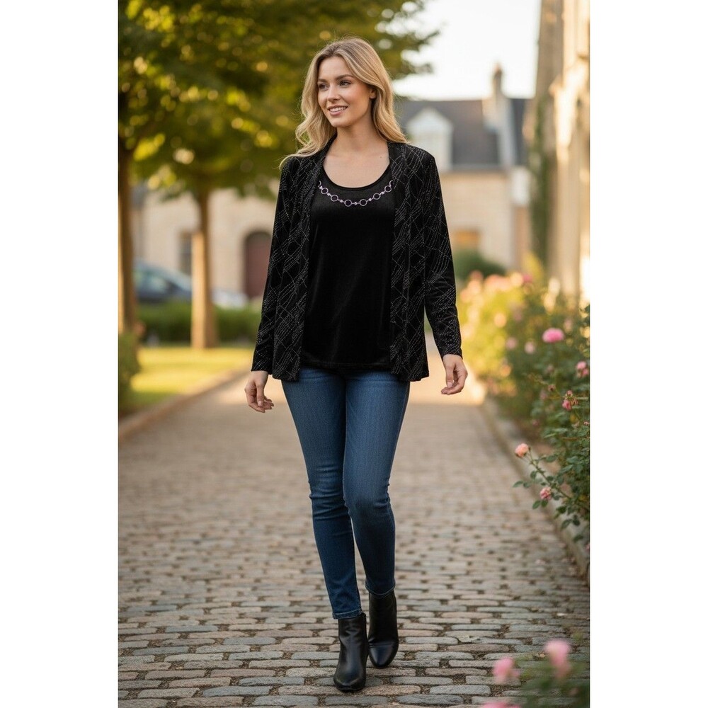 Notations Black/Silver Glitter Blouse With Attached Velvet Top Size XL NWT